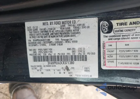 2012 Ford Fusion Sel z USA, uszkodzony, nr VIN 3FAHP0JA3CR371380